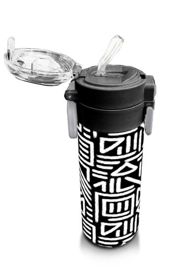 Coral High Kids SiyahBeyaz Geometrik Desenli Pipetli ve Direkt İçim Çelik Termos 500 ml 31882 - 5