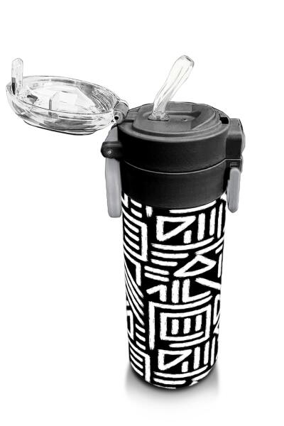 Coral High Kids SiyahBeyaz Geometrik Desenli Pipetli ve Direkt İçim Çelik Termos 500 ml 31882 - 5