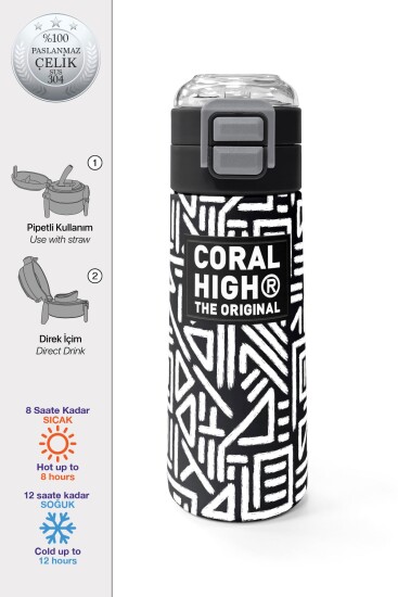 Coral High Kids SiyahBeyaz Geometrik Desenli Pipetli ve Direkt İçim Çelik Termos 500 ml 31882 - Coral High KIDS