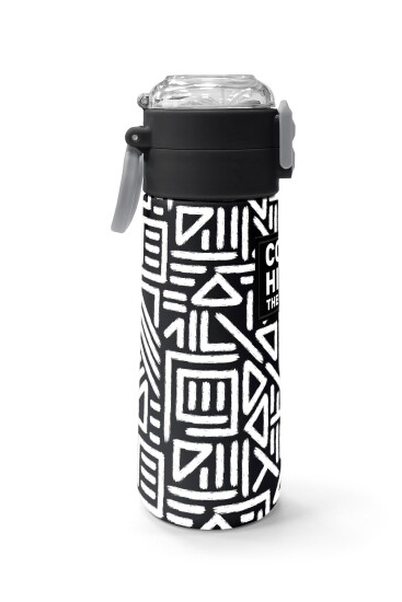 Coral High Kids SiyahBeyaz Geometrik Desenli Pipetli ve Direkt İçim Çelik Termos 500 ml 31882 - 2