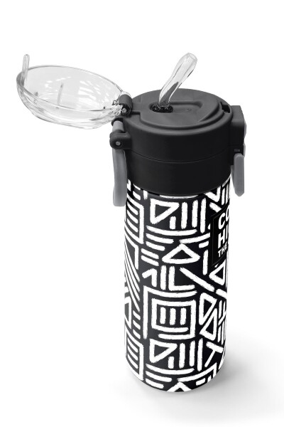 Coral High Kids SiyahBeyaz Geometrik Desenli Pipetli ve Direkt İçim Çelik Termos 500 ml 31882 - 5