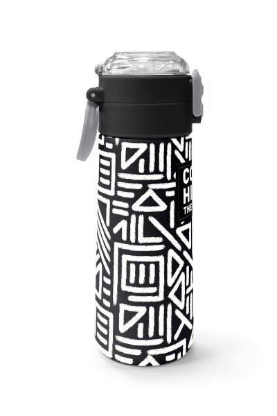 Coral High Kids SiyahBeyaz Geometrik Desenli Pipetli ve Direkt İçim Çelik Termos 500 ml 31882 - 2