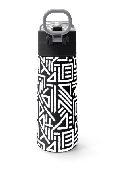 Coral High Kids SiyahBeyaz Geometrik Desenli Pipetli ve Direkt İçim Çelik Termos 500 ml 31882 - 4