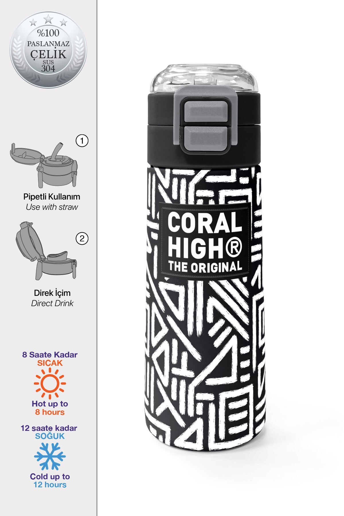 Coral High Kids SiyahBeyaz Geometrik Desenli Pipetli ve Direkt İçim Çelik Termos 500 ml 31882
