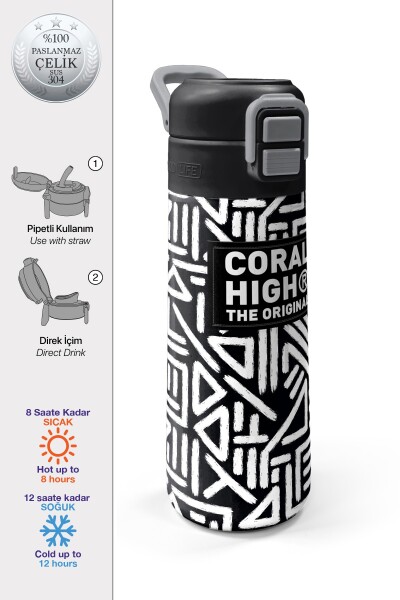 Coral High Kids SiyahBeyaz Geometrik Desenli Pipetli ve Direkt İçim Çelik Termos 500 ml 31882 - 1
