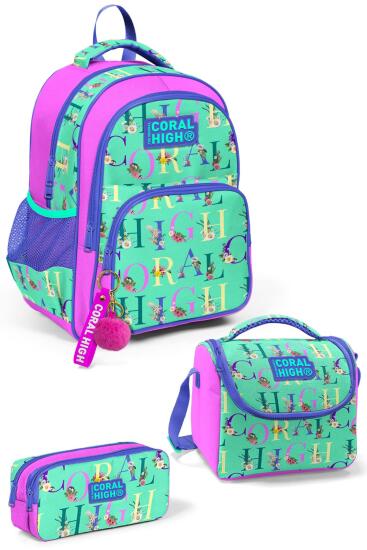 Coral High Kids Su Yeşili Açık Pembe Monogram Desenli 3'lü Okul Çanta Seti SET0114410 