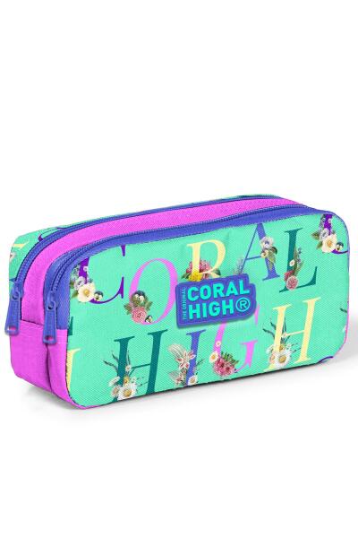 Coral High Kids Su Yeşili Açık Pembe Monogram Desenli İki Bölmeli Kalem Çantası 22156 - 1