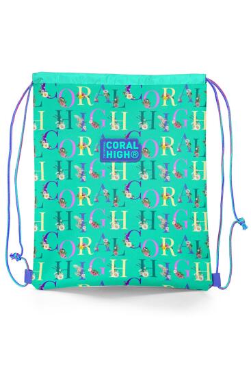 Coral High Kids Su Yeşili Açık Pembe Monogram Desenli İpli Büzgülü Sırt Çantası 22668 