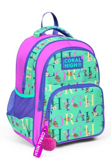 Coral High Kids Su Yeşili Açık Pembe Monogram Desenli Üç Bölmeli Okul Sırt Çantası 14410 