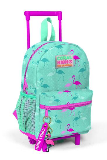 Minik Yuva Çekçekli Sırt Çantası Su Yeşili Neon Pembe Flamingo Desenli İki Bölmeli 24004 - Coral High KIDS