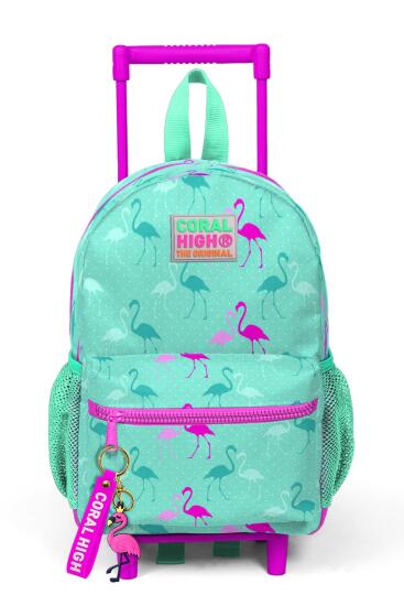 Minik Yuva Çekçekli Sırt Çantası Su Yeşili Neon Pembe Flamingo Desenli İki Bölmeli 24004 - 3