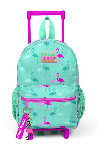 Minik Yuva Çekçekli Sırt Çantası Su Yeşili Neon Pembe Flamingo Desenli İki Bölmeli 24004 - 3