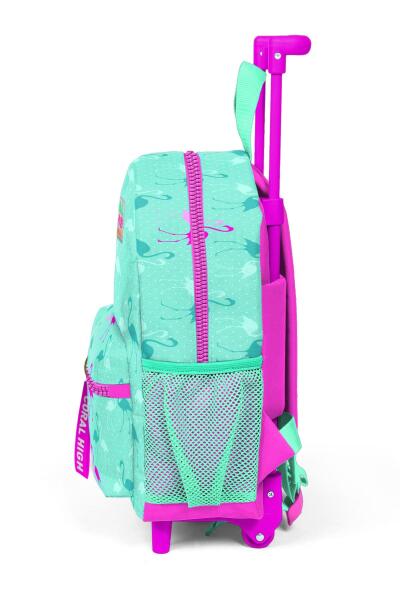 Minik Yuva Çekçekli Sırt Çantası Su Yeşili Neon Pembe Flamingo Desenli İki Bölmeli 24004 - 6