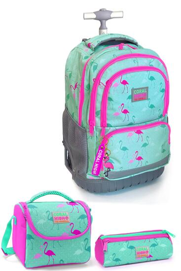 Coral High Kids Su Yeşili Flamingo Desenli Çekçekli 3'lü Çanta Seti SET0124022 