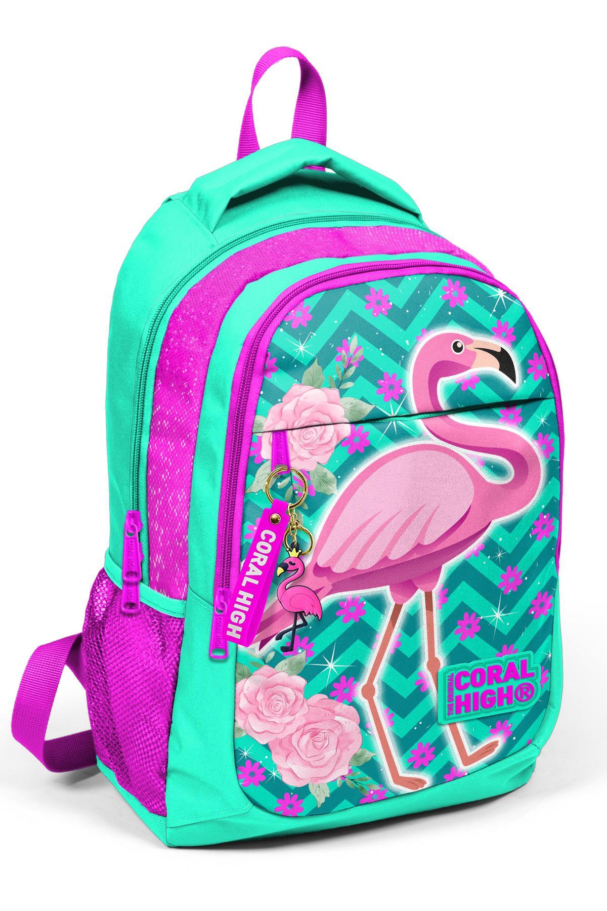 Coral High Kids Su Yeşili Pembe Simli Flamingo Desenli Üç Bölmeli Okul Sırt Çantası 14382