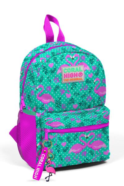 Minik Yuva Sırt Çantası Su Yeşili Pembe Flamingo Desenli İki Bölmeli 23512 - 1