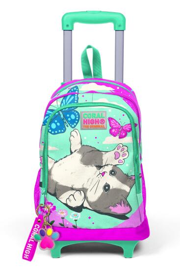 Coral High Kids Su Yeşili Pembe Kedi Desenli Üç Bölmeli Çekçekli Okul Sırt Çantası 23907 - 9