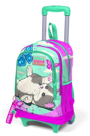 Coral High Kids Su Yeşili Pembe Kedi Desenli Üç Bölmeli Çekçekli Okul Sırt Çantası 23907 - 6