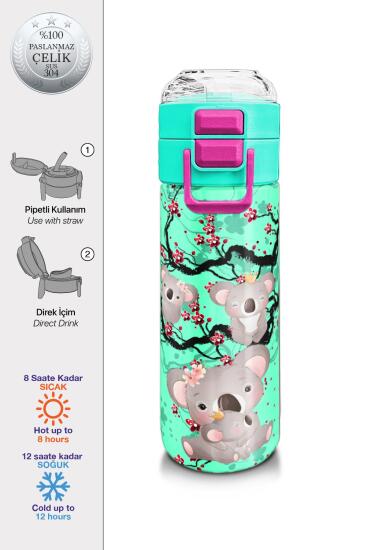 Coral High Kids Su Yeşili Koala Desenli Pipetli ve Direkt İçim Çelik Termos 500 ml 31927 - Coral High KIDS