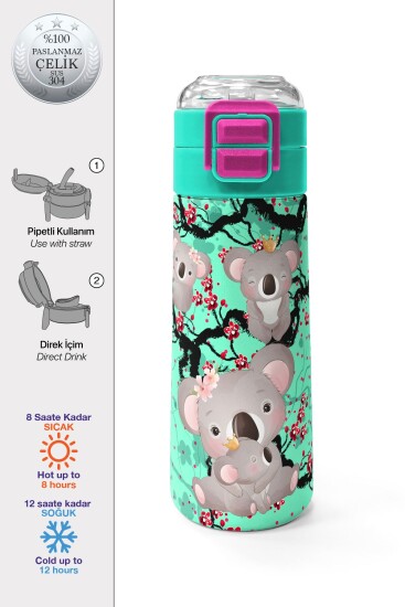 Coral High Kids Su Yeşili Koala Desenli Pipetli ve Direkt İçim Çelik Termos 500 ml 31927 