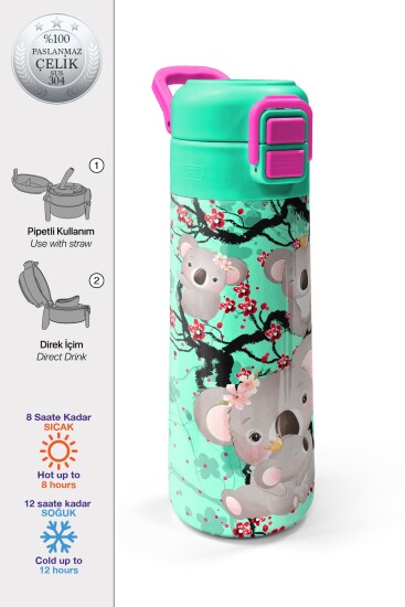 Coral High Kids Su Yeşili Koala Desenli Pipetli ve Direkt İçim Çelik Termos 500 ml 31927 