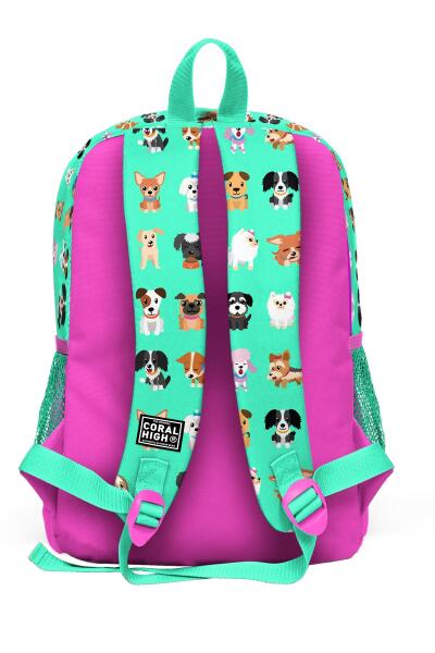 Coral High Kids Su Yeşili Neon Pembe Köpek Desenli Dört Bölmeli Okul Sırt Çantası 23465 - 4