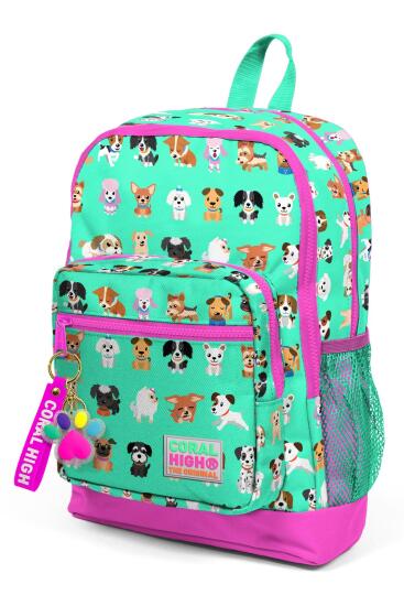 Coral High Kids Su Yeşili Neon Pembe Köpek Desenli Dört Bölmeli Okul Sırt Çantası 23465 - 7