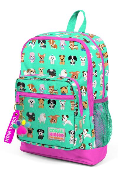 Coral High Kids Su Yeşili Neon Pembe Köpek Desenli Dört Bölmeli Okul Sırt Çantası 23465 - 7