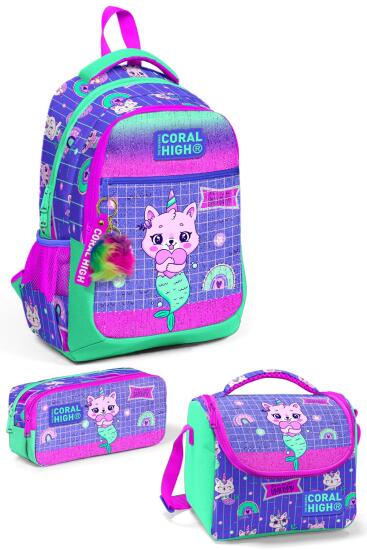 Coral High Kids Su Yeşili Lavanta Unicorn Kedi Desenli 3’lü Okul Çanta Seti SET0123478 - Coral High KIDS