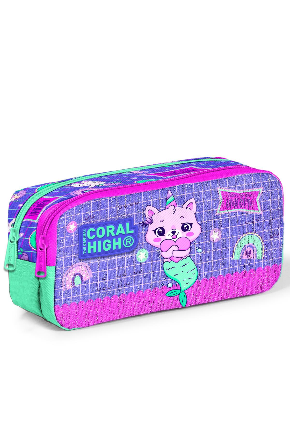 Coral High Kids Su Yeşili Lavanta Unicorn Kedi Desenli İki Bölmeli Kalem Çantası 12051