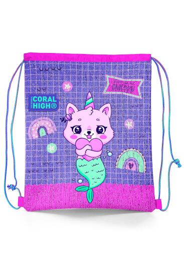 Coral High Kids Su Yeşili Lavanta Unicorn Kedi Desenli İpli Büzgülü Sırt Çantası 22683 