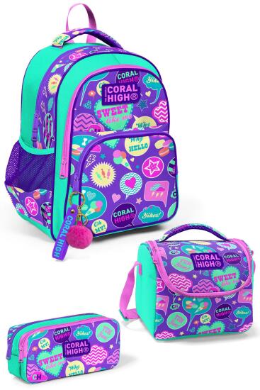 Coral High Kids Su Yeşili Mor Desenli 3'lü Okul Çanta Seti SET0114413 