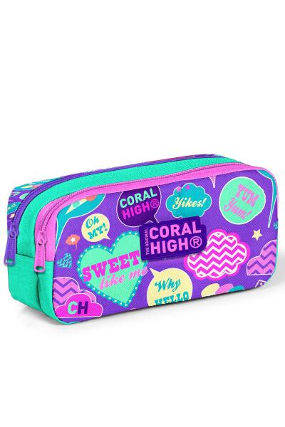 Coral High Kids Su Yeşili Mor Desenli İki Bölmeli Kalem Çantası 22159 - 1