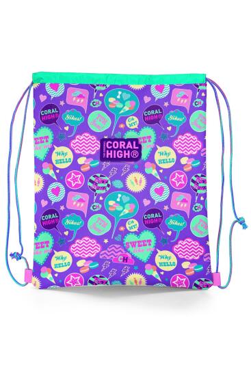 Coral High Kids Su Yeşili Mor Desenli İpli Büzgülü Sırt Çantası 22671 