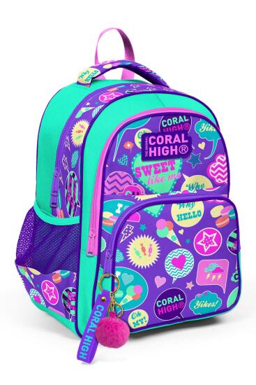 Coral High Kids Su Yeşili Mor Desenli Üç Bölmeli Okul Sırt Çantası 14413 