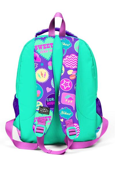 Coral High Kids Su Yeşili Mor Desenli Üç Bölmeli Okul Sırt Çantası 14413 - 3