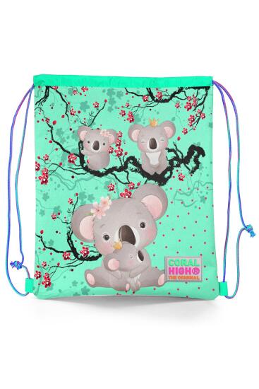Coral High Kids Su Yeşili Neon Mercan Koala Desenli İpli Büzgülü Sırt Çantası 22469 - Coral High KIDS