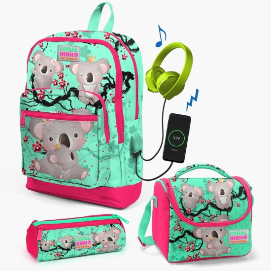 Coral High Kids Su Yeşili Neon Mercan Koala Desenli USB'li 3’lü Okul Çanta Seti SET0123813 - 1