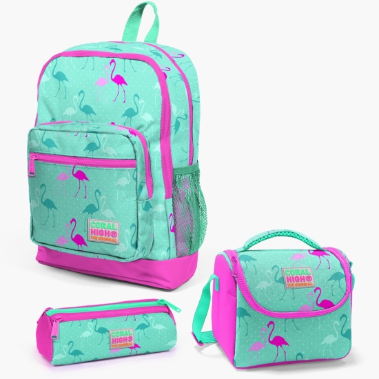Coral High Kids Su Yeşili Neon Pembe Flamingo Desenli 3’lü Okul Çanta Seti SET0123111 