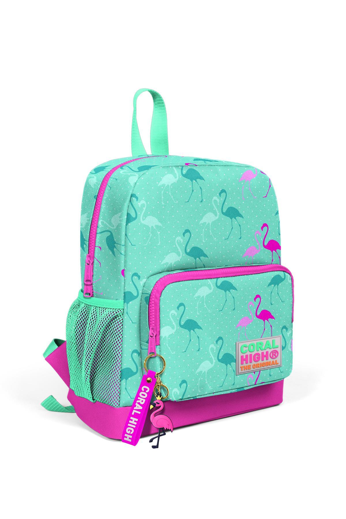Coral High Kids Su Yeşili Neon Pembe Flamingo Desenli İki Bölmeli Okul Sırt Çantası 23307