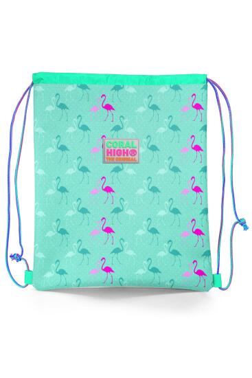 Coral High Kids Su Yeşili Neon Pembe Flamingo Desenli İpli Büzgülü Sırt Çantası 22449 - Coral High KIDS