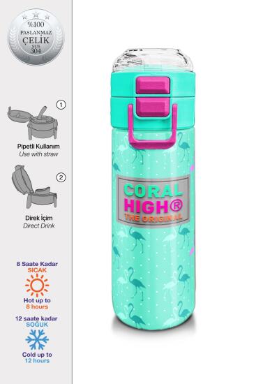 Coral High Kids Su Yeşili Neon Pembe Flamingo Desenli Pipetli ve Direkt İçim Çelik Termos 500 ml 31904 - Coral High KIDS