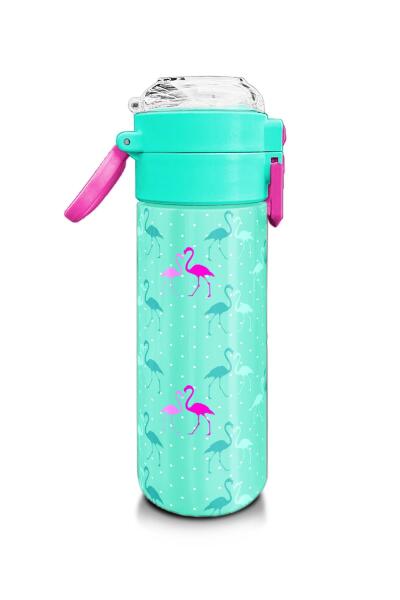 Coral High Kids Su Yeşili Neon Pembe Flamingo Desenli Pipetli ve Direkt İçim Çelik Termos 500 ml 31904 - 2