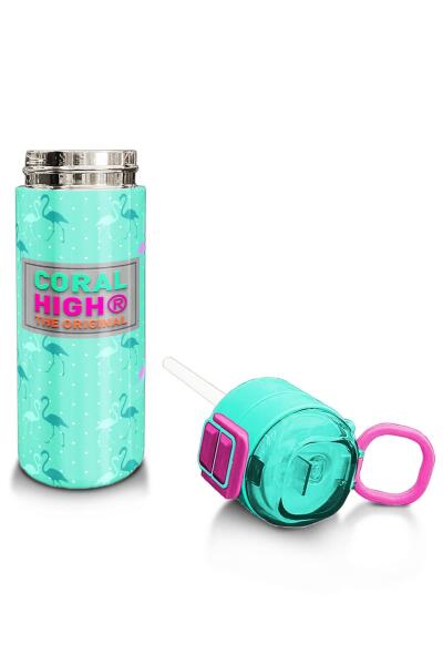 Coral High Kids Su Yeşili Neon Pembe Flamingo Desenli Pipetli ve Direkt İçim Çelik Termos 500 ml 31904 - 4