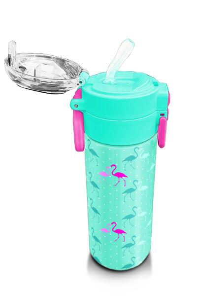 Coral High Kids Su Yeşili Neon Pembe Flamingo Desenli Pipetli ve Direkt İçim Çelik Termos 500 ml 31904 - 5