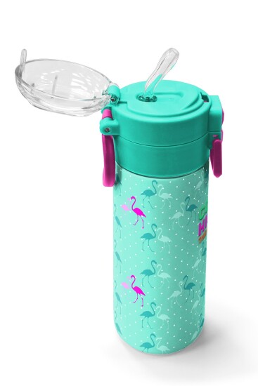 Coral High Kids Su Yeşili Neon Pembe Flamingo Desenli Pipetli ve Direkt İçim Çelik Termos 500 ml 31904 - 5