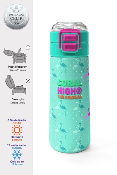 Coral High Kids Su Yeşili Neon Pembe Flamingo Desenli Pipetli ve Direkt İçim Çelik Termos 500 ml 31904 - 1