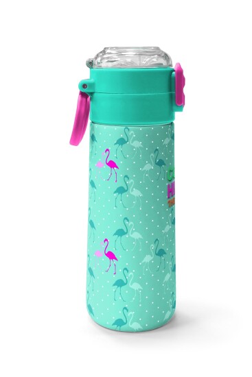 Coral High Kids Su Yeşili Neon Pembe Flamingo Desenli Pipetli ve Direkt İçim Çelik Termos 500 ml 31904 - 2