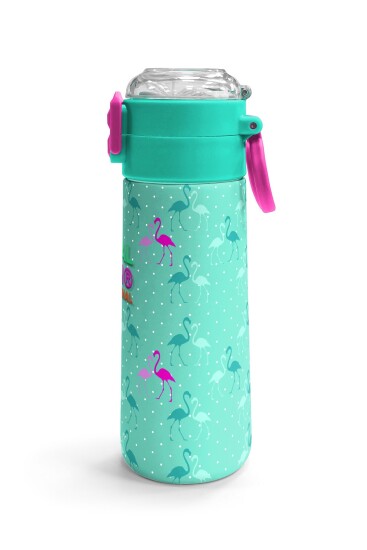 Coral High Kids Su Yeşili Neon Pembe Flamingo Desenli Pipetli ve Direkt İçim Çelik Termos 500 ml 31904 - 3