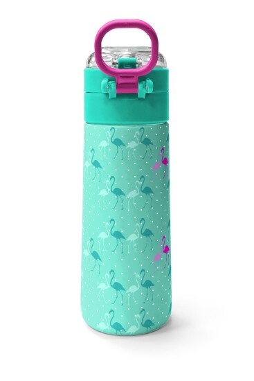 Coral High Kids Su Yeşili Neon Pembe Flamingo Desenli Pipetli ve Direkt İçim Çelik Termos 500 ml 31904 - 4